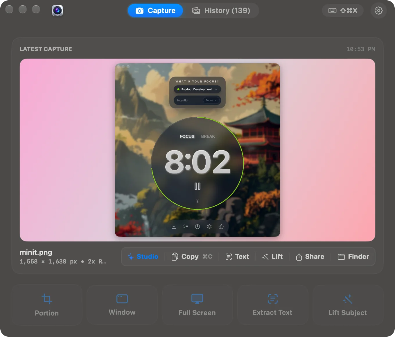 Snipip capture window with region, window, and full-screen capture options
