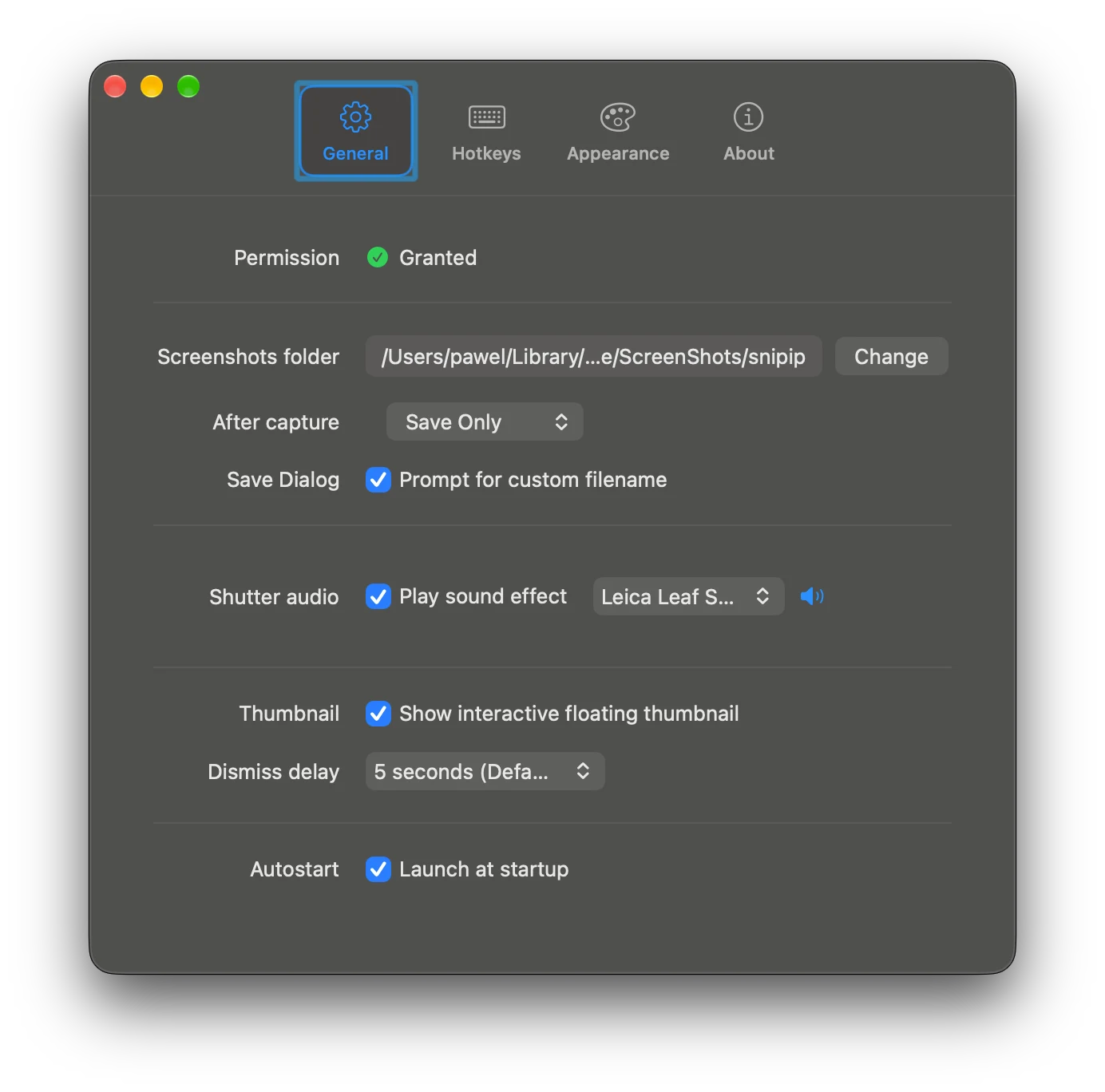 Snipip General settings showing granted permission and screenshot save preferences
